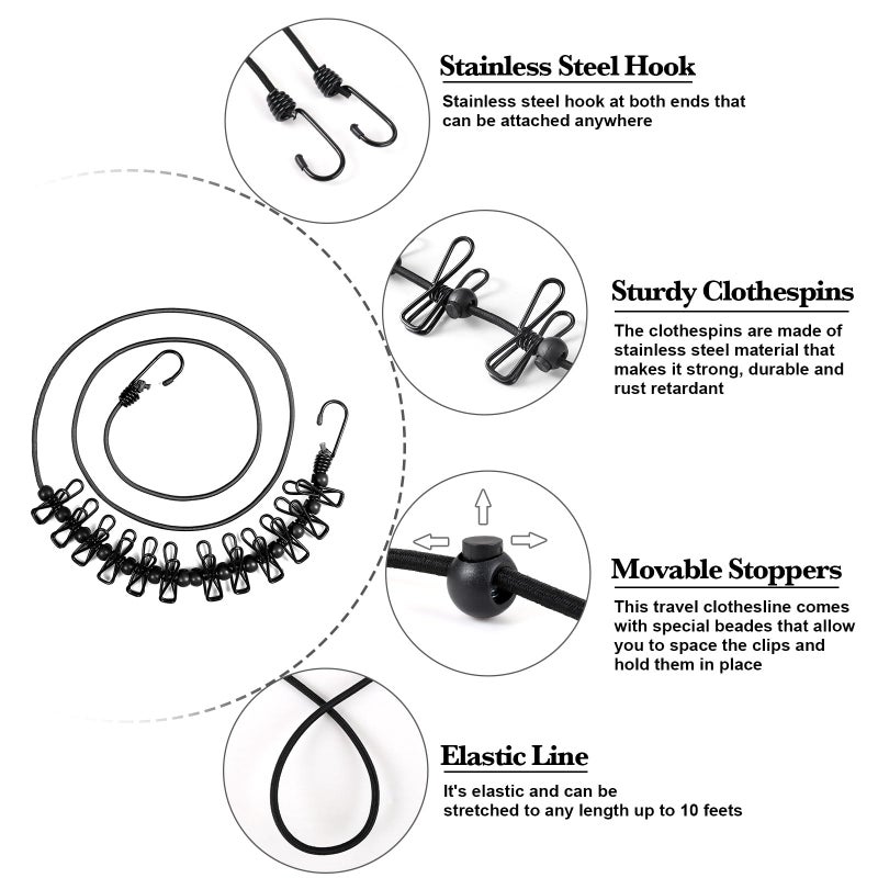 HAWATOUR Clothesline Camping Essentials, Portable Retractable Clothesline with 12pcs Clothespins Outdoor Camping Accessories Travel and RV Essentials, Black - Image 2